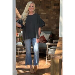 Blue Velvet Puff Sleeve Top Black Size S